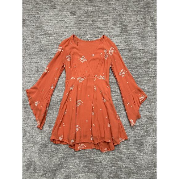 Free People Mini Dress Womens S Orange Floral Embroidered Jasmine Boho - Picture 1 of 8